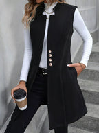 Elegant button-down longline vest for sophisticated layering and stylish fashion statements