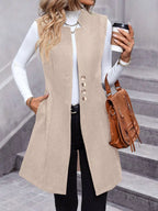 Elegant button-down longline vest for sophisticated layering and stylish fashion statements