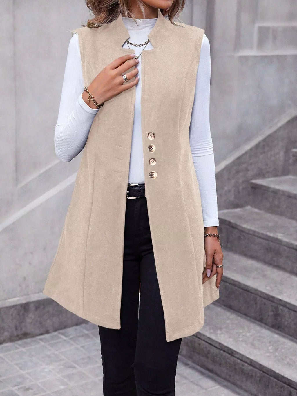 Elegant button-down longline vest for sophisticated layering and stylish fashion statements