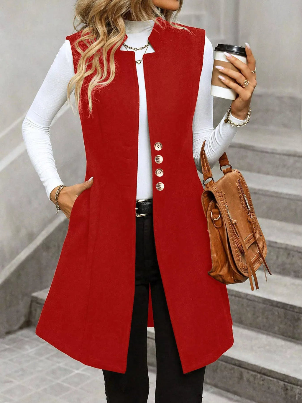 Elegant button-down longline vest for sophisticated layering and stylish fashion statements