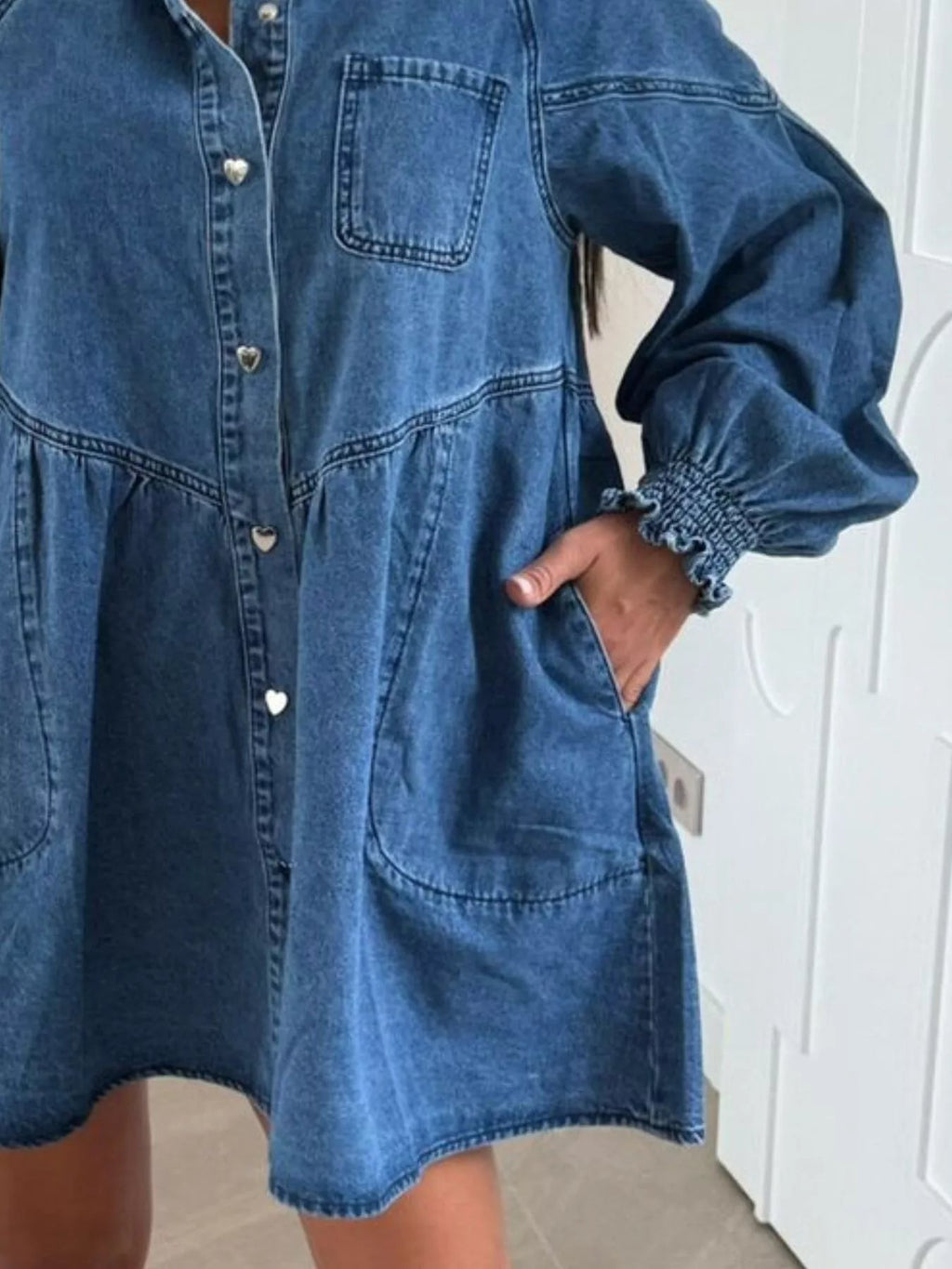 Button Down Mini Denim Dress with Front Pockets.