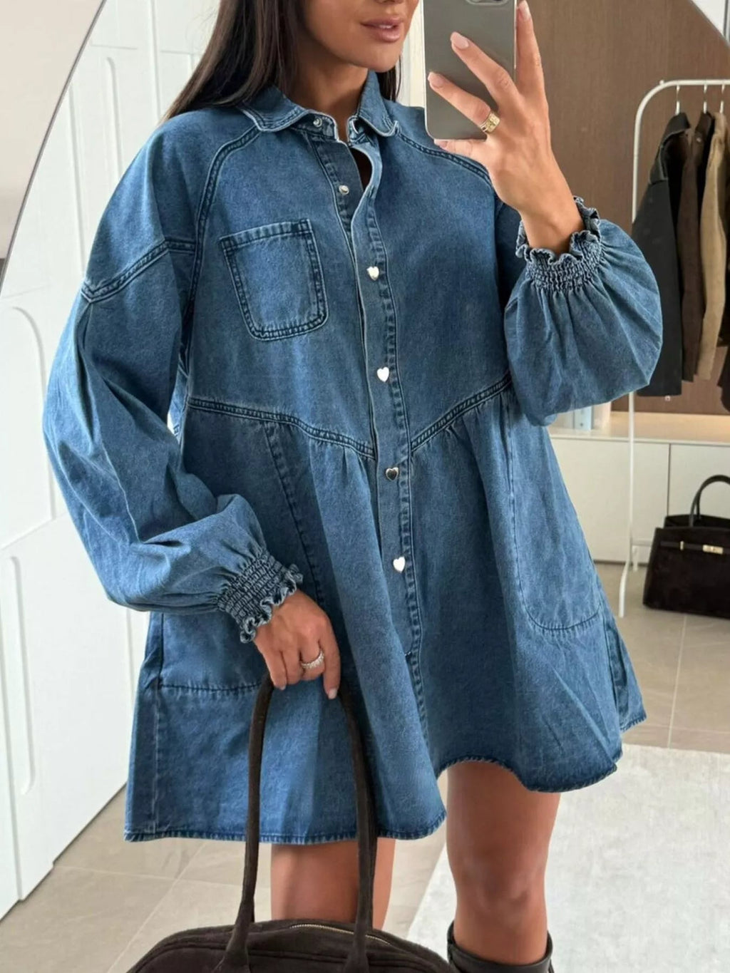 Button Down Mini Denim Dress with Front Pockets.