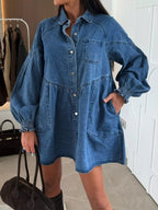 Button Down Mini Denim Dress with Front Pockets.