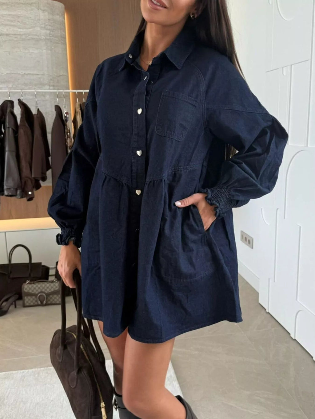 Button Down Mini Denim Dress with Front Pockets.