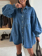 Button Down Mini Denim Dress with Front Pockets.
