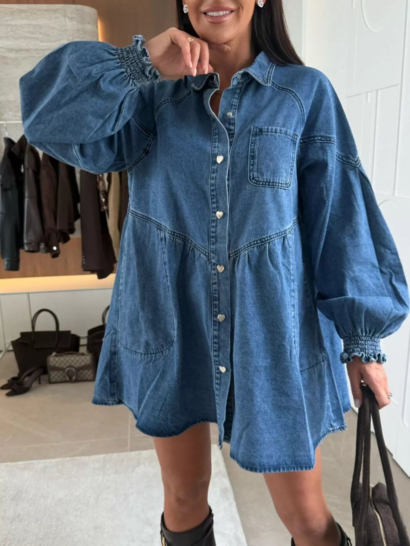 Button Down Mini Denim Dress with Front Pockets.