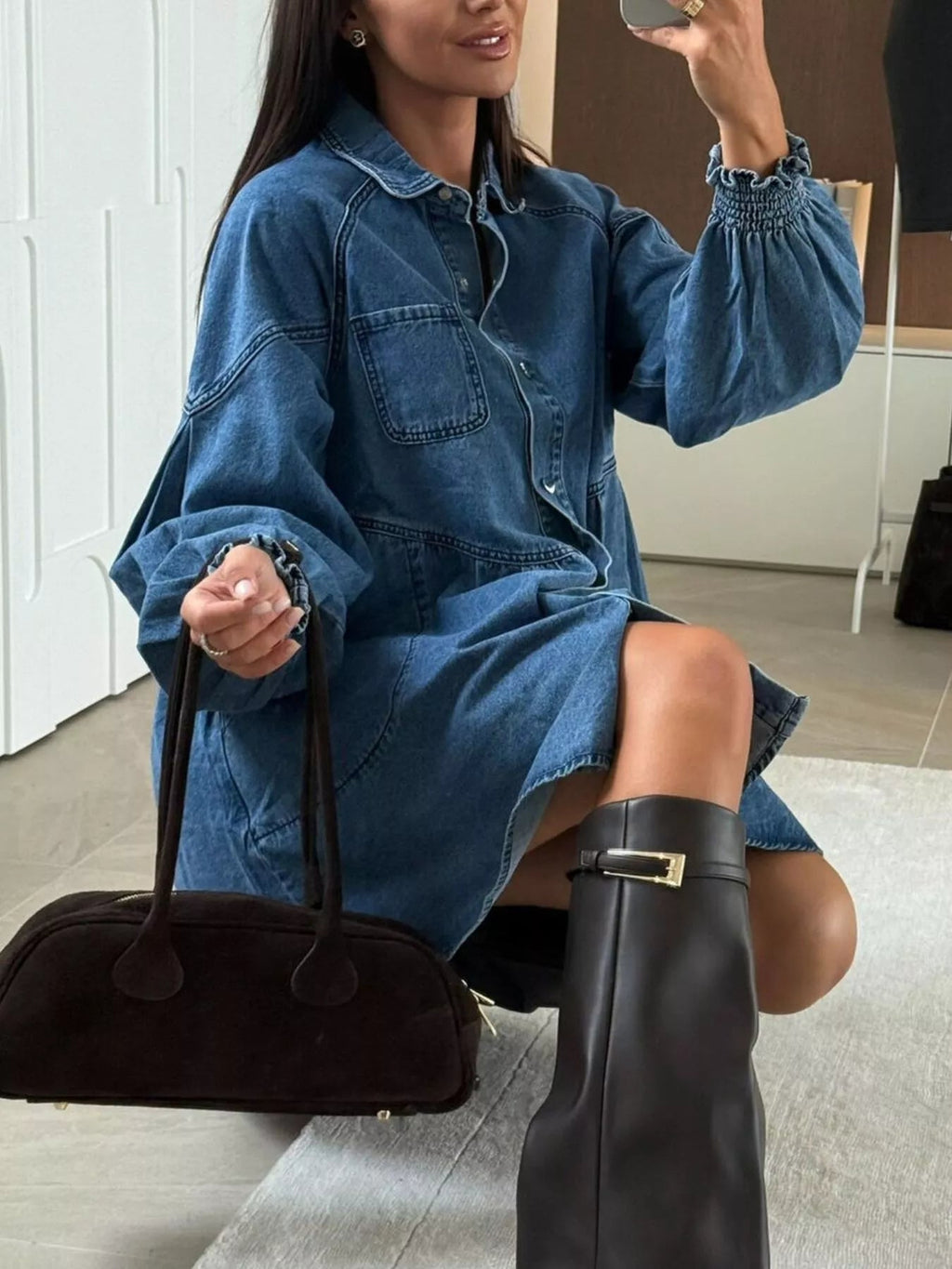 Button Down Mini Denim Dress with Front Pockets.