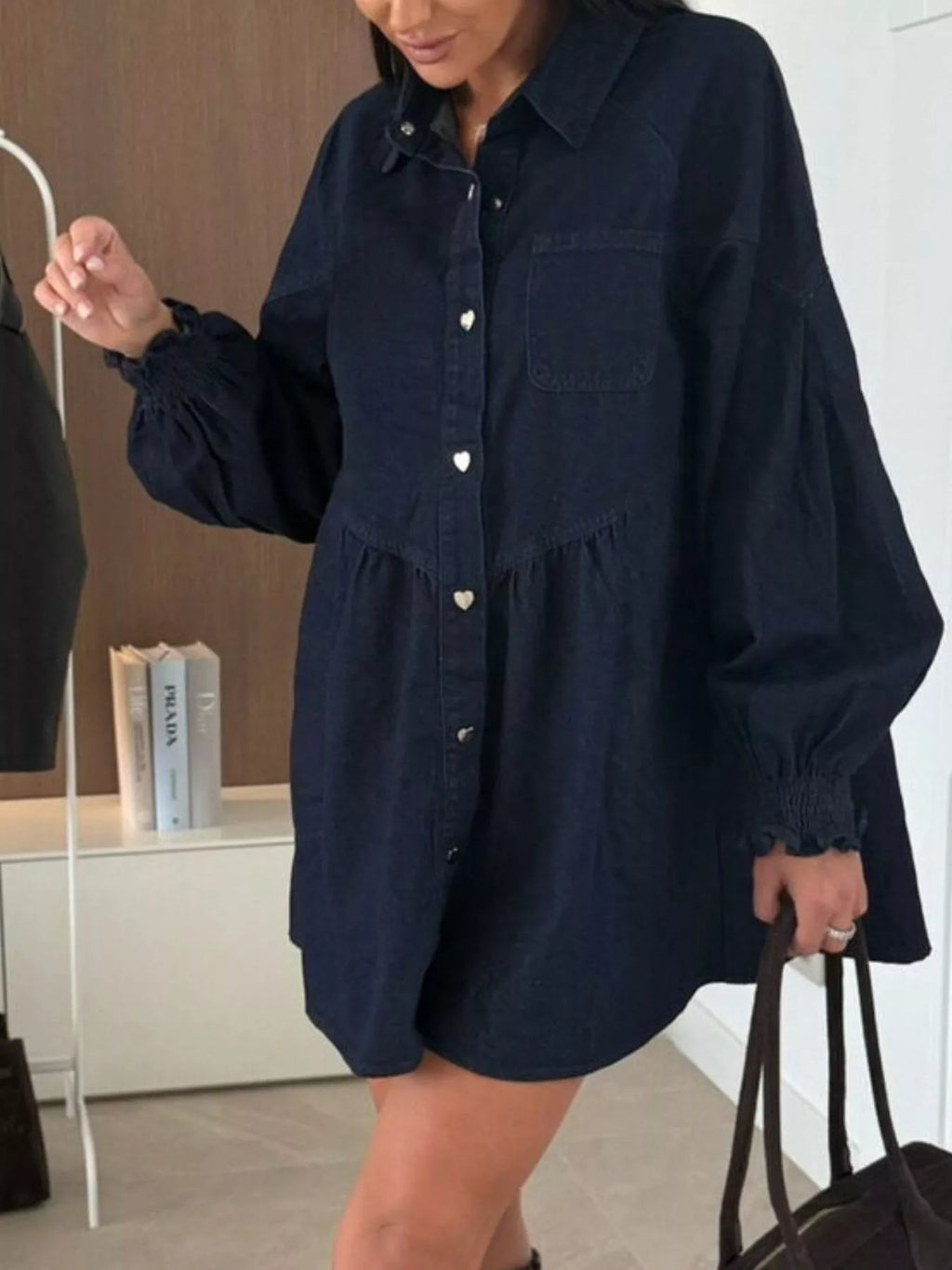 Button Down Mini Denim Dress with Front Pockets.
