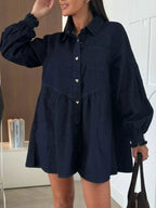 Button Down Mini Denim Dress with Front Pockets.