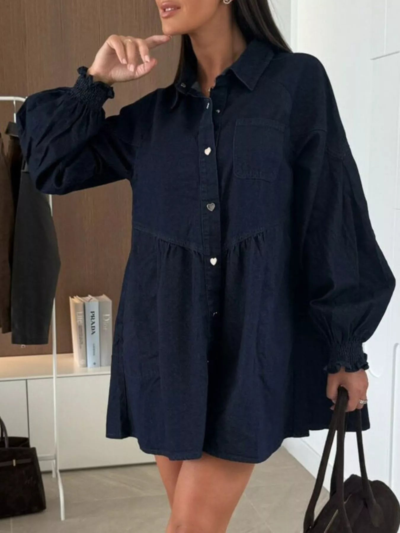 Button Down Mini Denim Dress with Front Pockets.