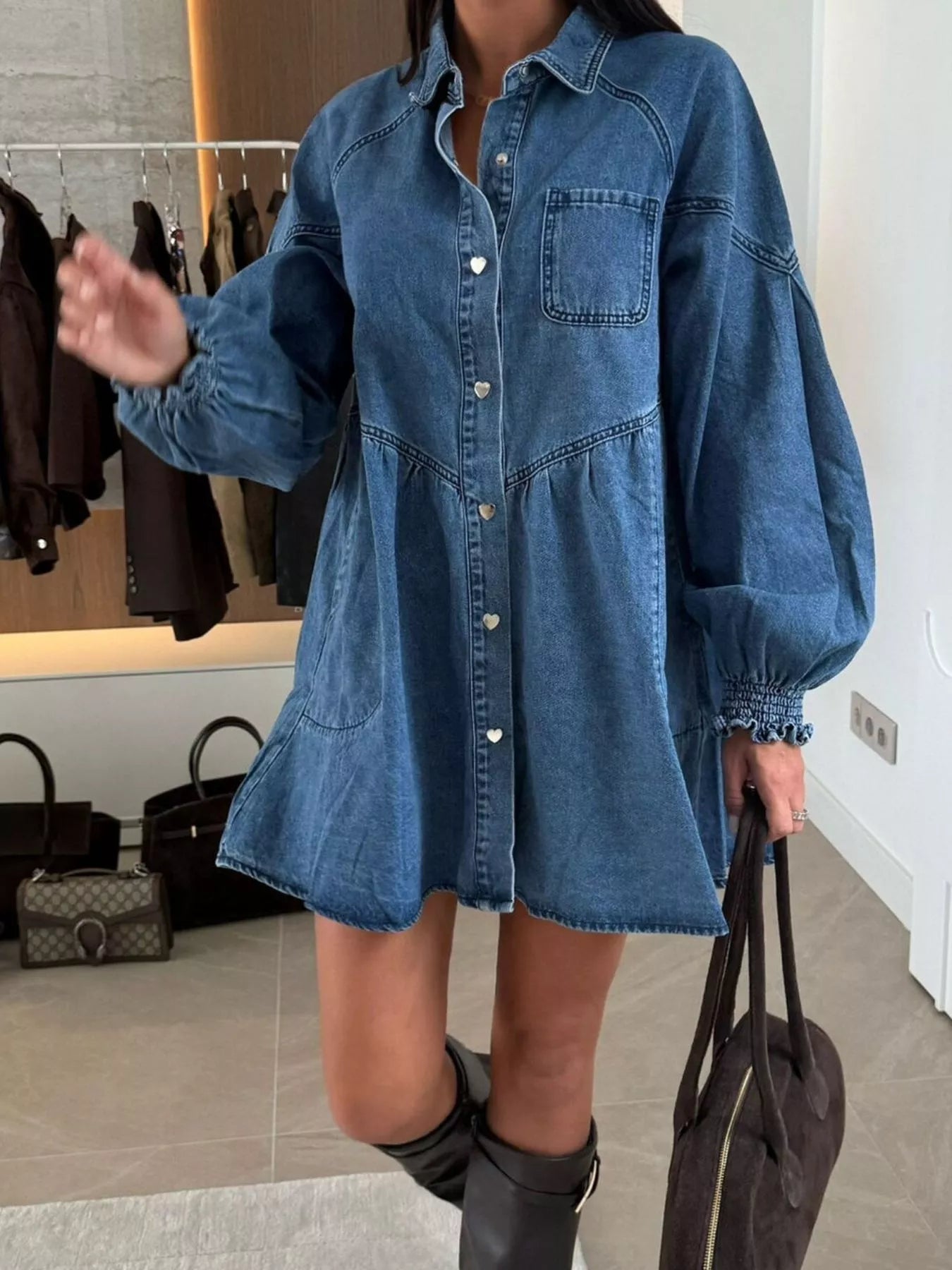 Button Down Mini Denim Dress with Front Pockets.