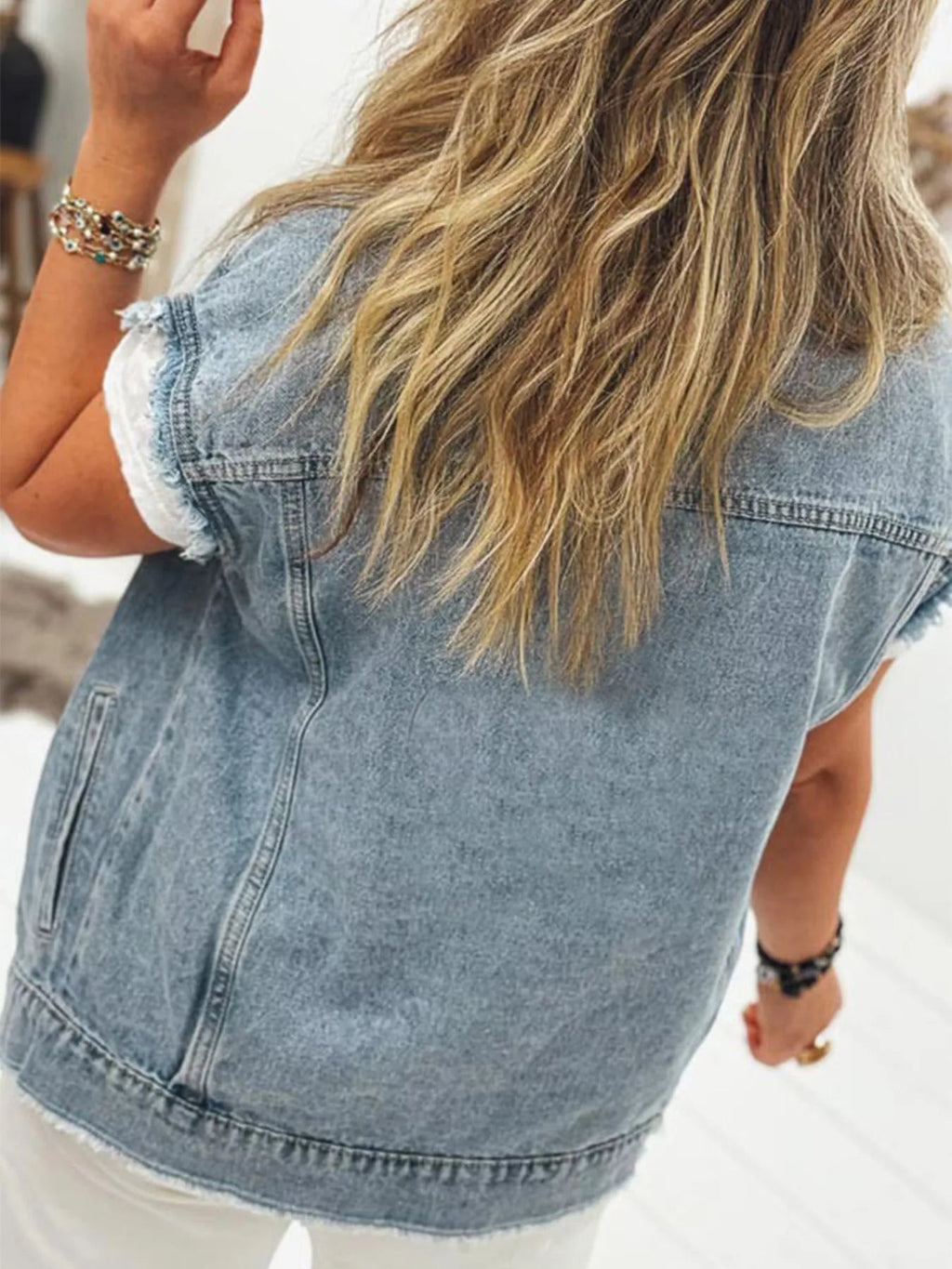 Button Flap Pocket Frayed Detail Denim Vest.