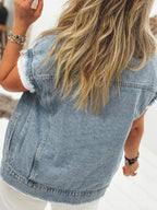 Button Flap Pocket Frayed Detail Denim Vest.
