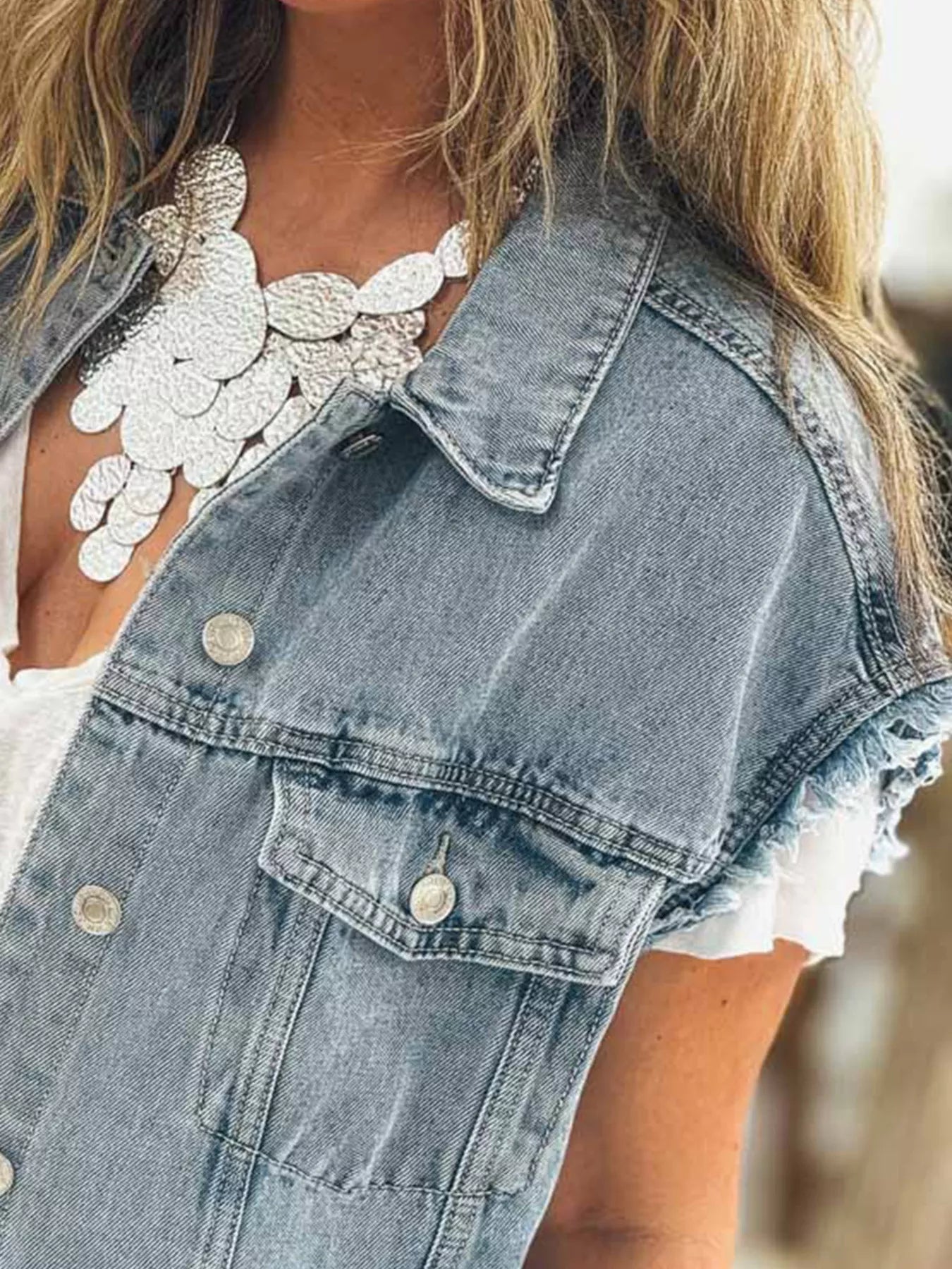 Button Flap Pocket Frayed Detail Denim Vest.