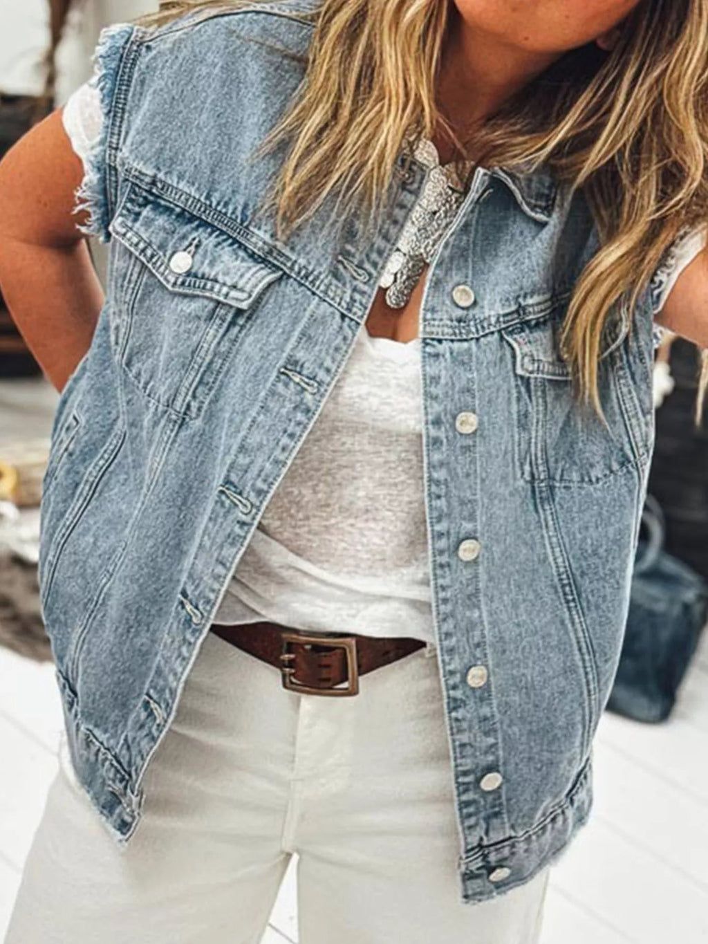 Button Flap Pocket Frayed Detail Denim Vest.