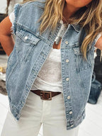 Button Flap Pocket Frayed Detail Denim Vest.