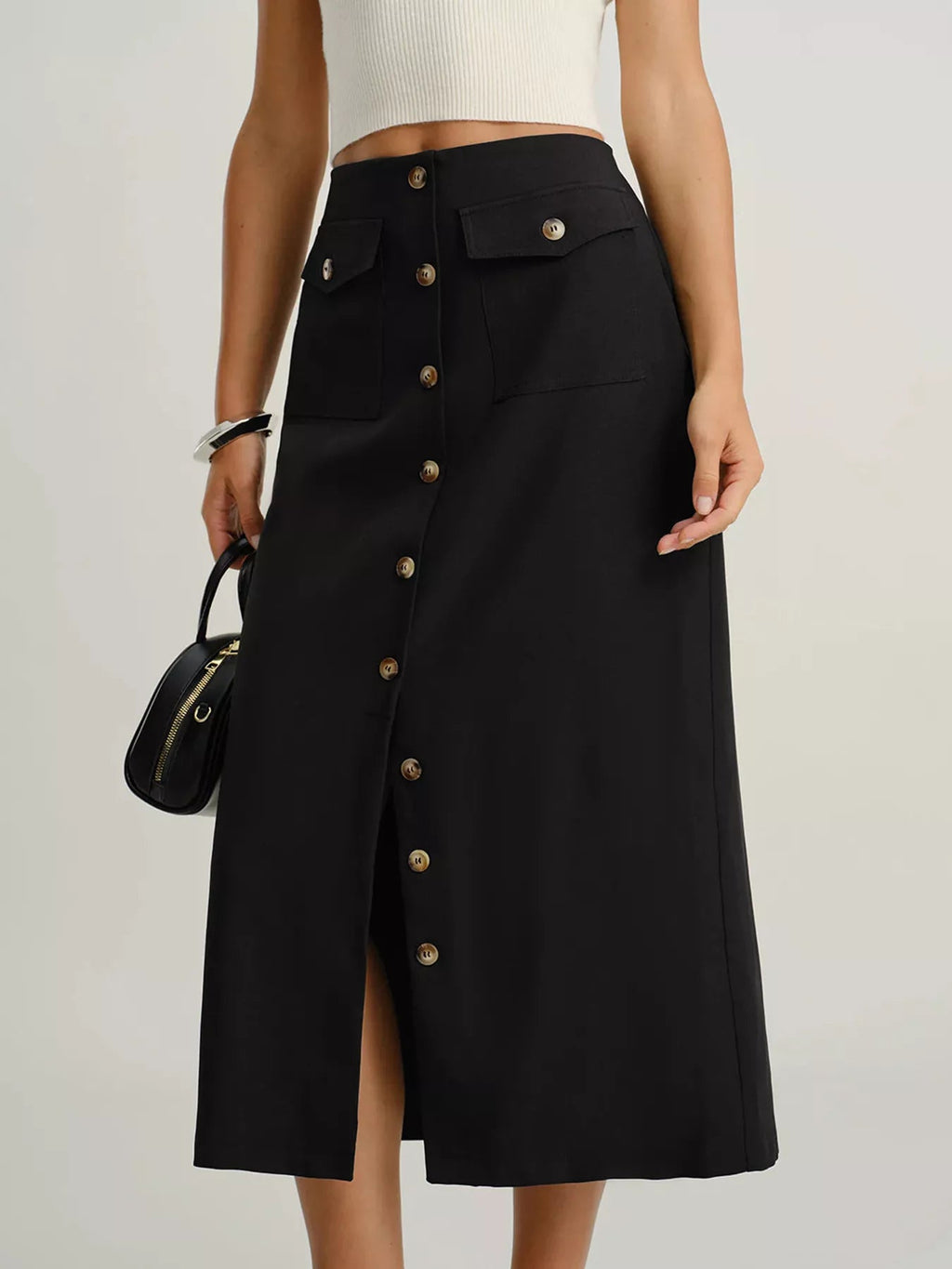 Elegant button-front midi skirt perfect for formal occasions and stylish office wear.