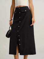 Elegant button-front midi skirt perfect for formal occasions and stylish office wear.