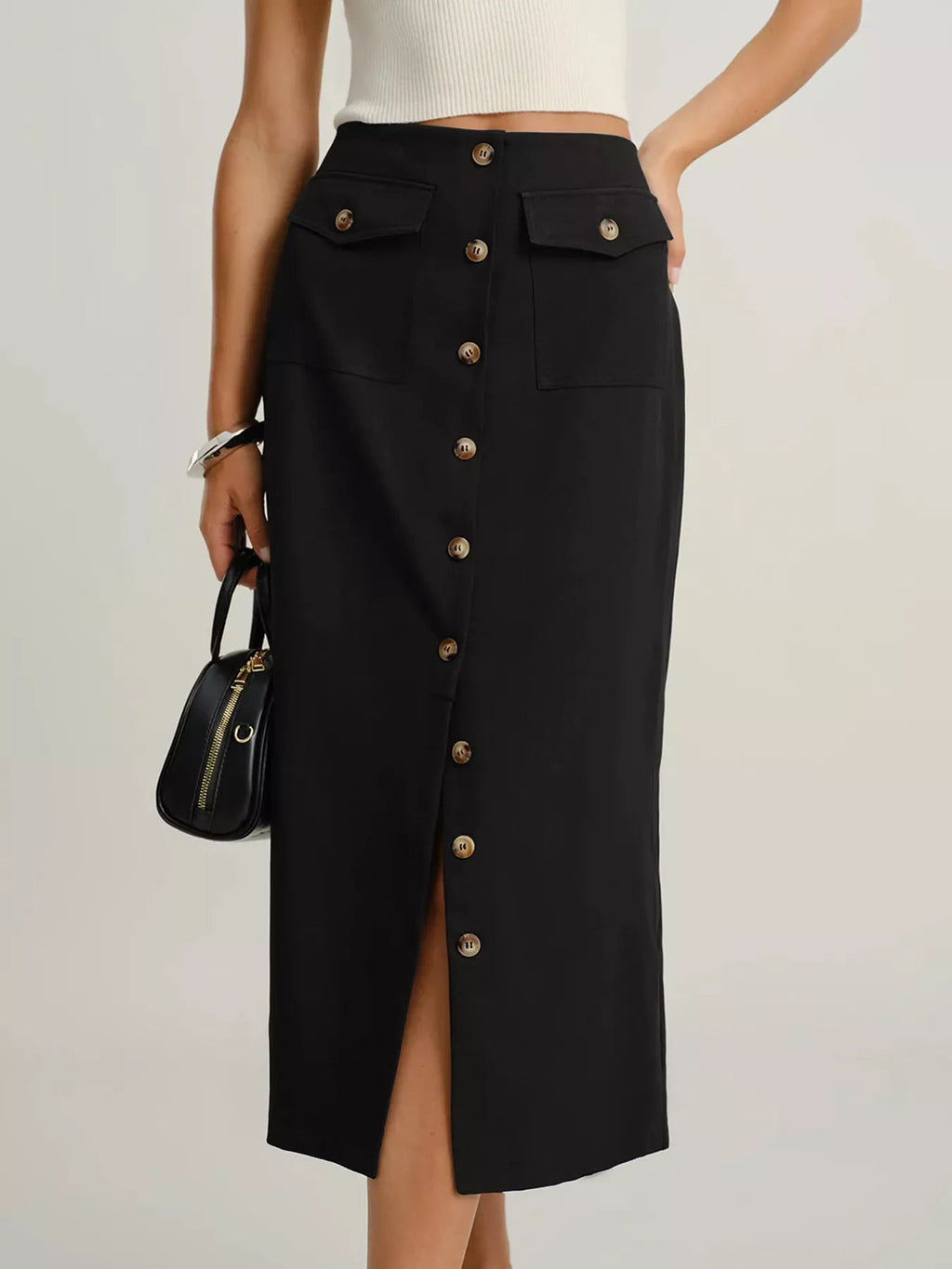Elegant button-front midi skirt perfect for formal occasions and stylish office wear.