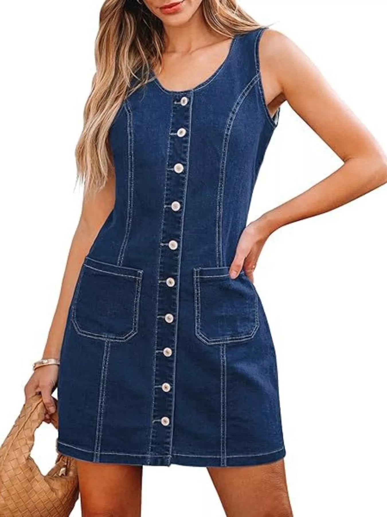 Button-Front Sleeveless Denim Dress.