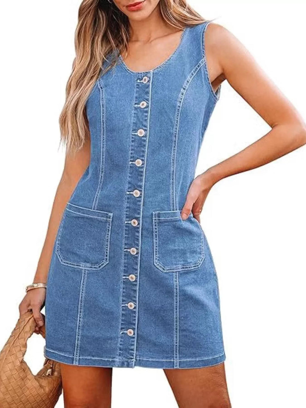 Button-Front Sleeveless Denim Dress.