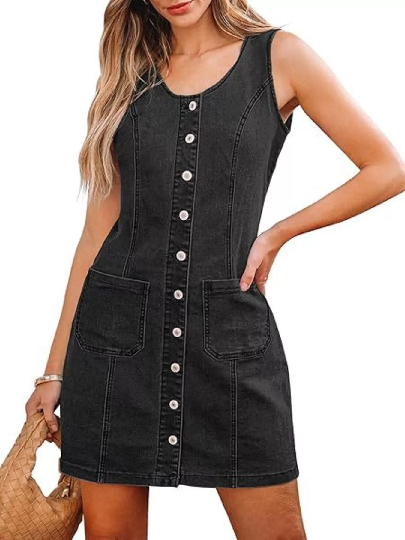 Button-Front Sleeveless Denim Dress.