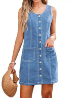 Button-Front Sleeveless Denim Dress.