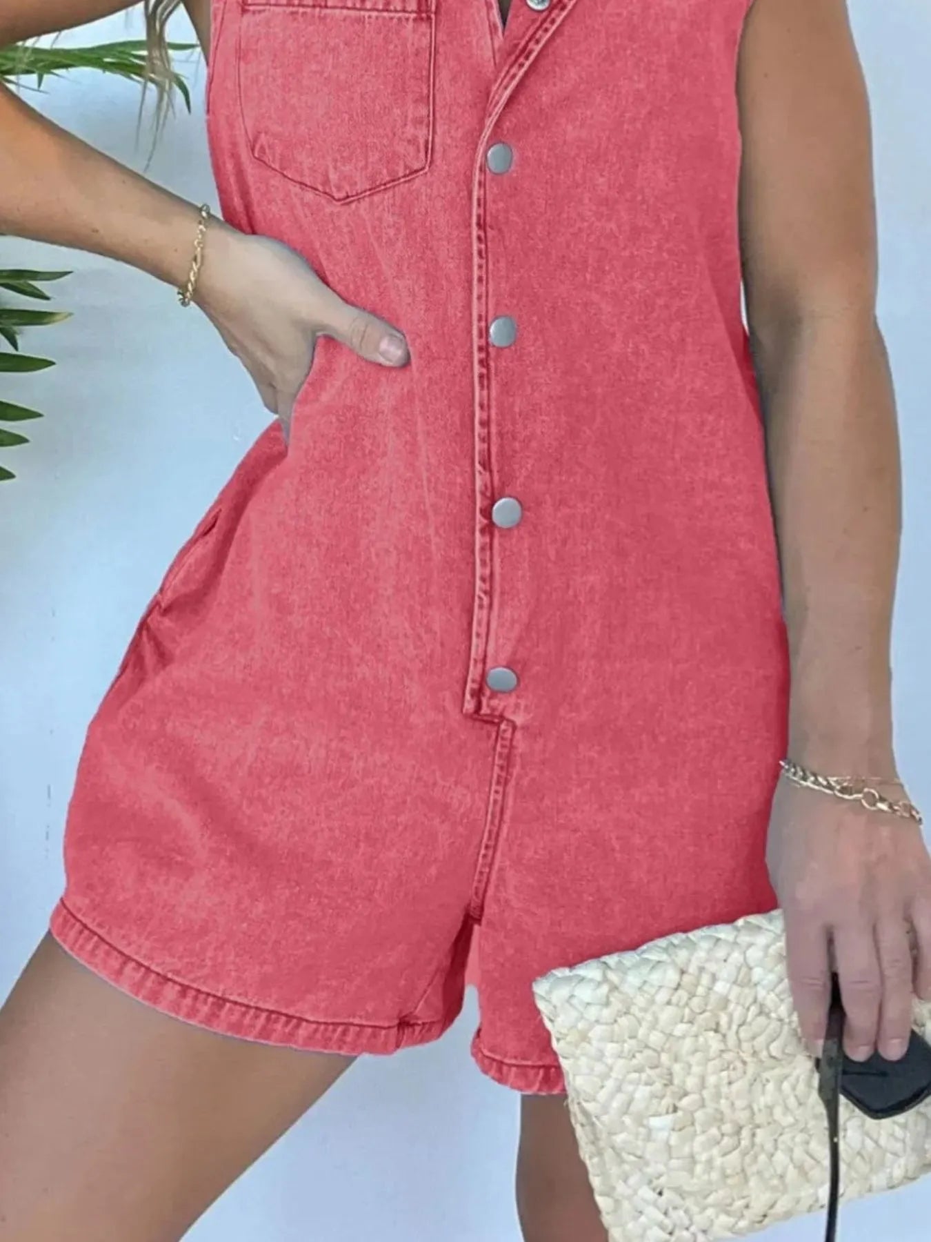 Button Front Sleeveless Denim Romper.