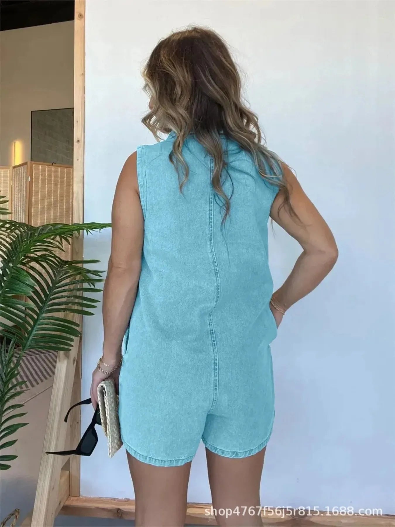 Button Front Sleeveless Denim Romper.
