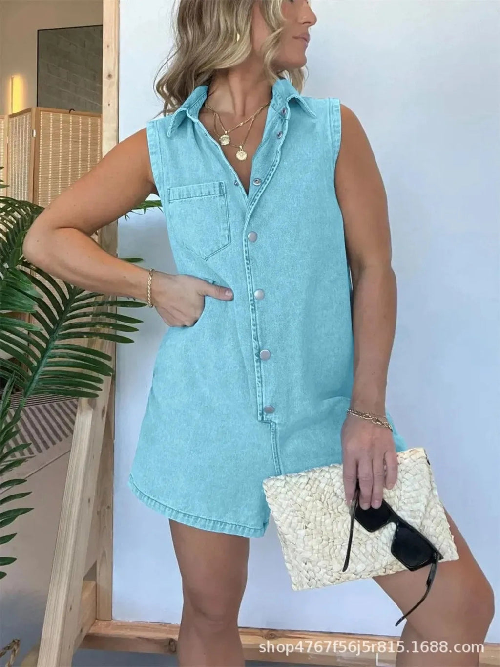 Button Front Sleeveless Denim Romper.