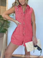 Button Front Sleeveless Denim Romper.