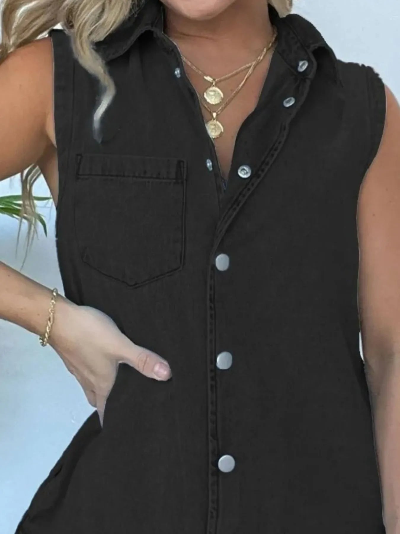 Button Front Sleeveless Denim Romper.