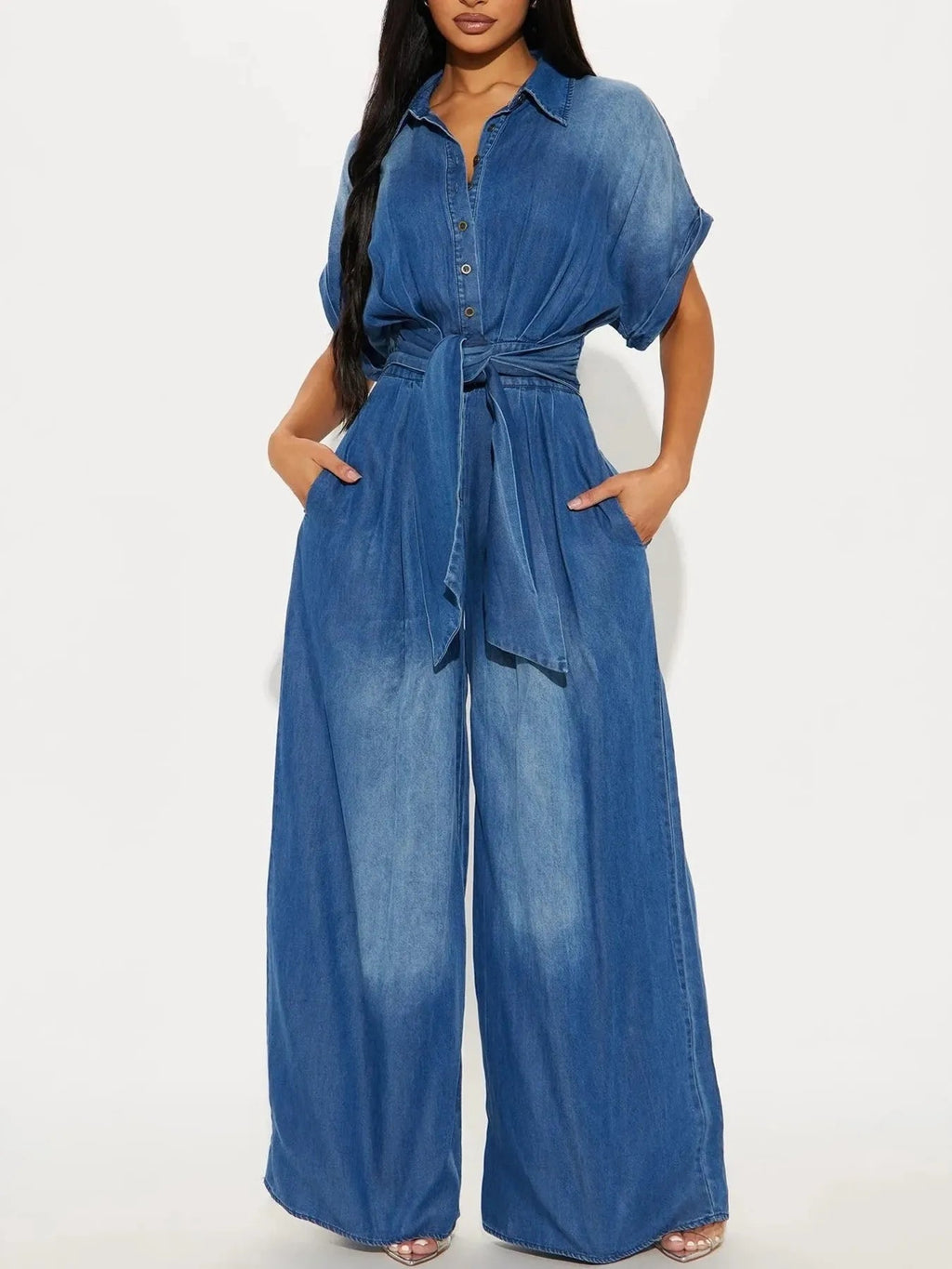 Button Front Wide Leg Denim Jumpsuit.