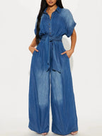 Button Front Wide Leg Denim Jumpsuit.