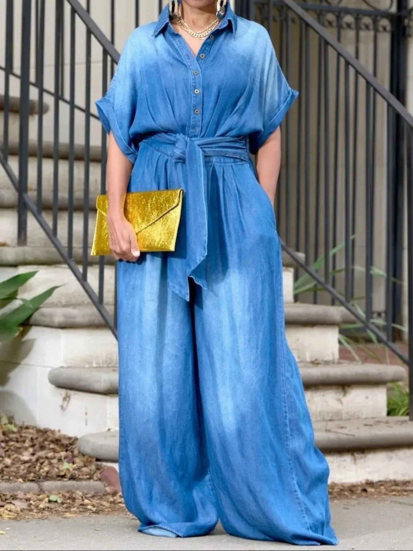 Button Front Wide Leg Denim Jumpsuit.