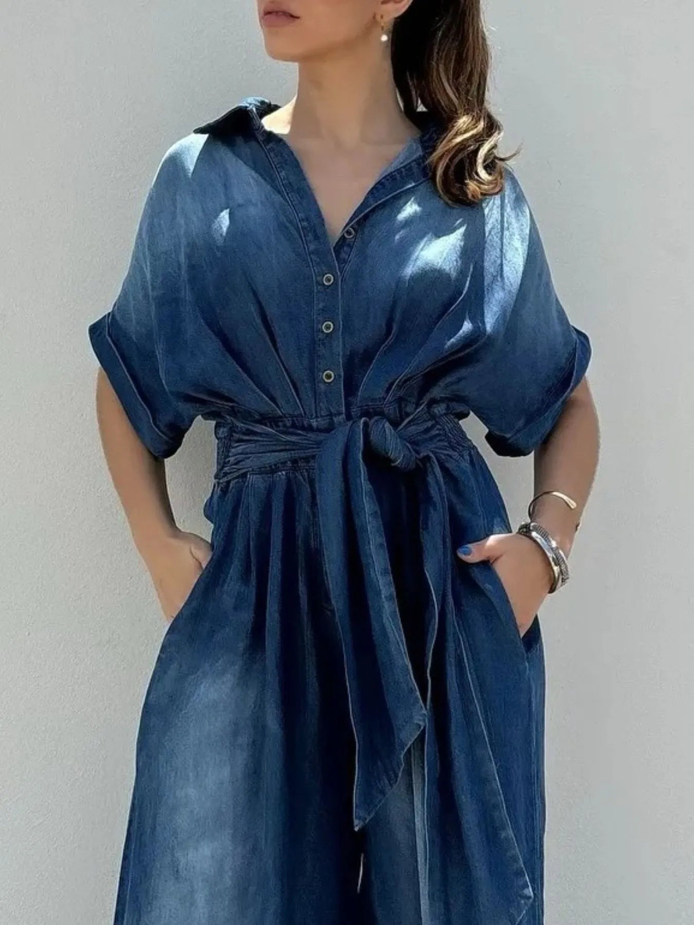 Button Front Wide Leg Denim Jumpsuit.