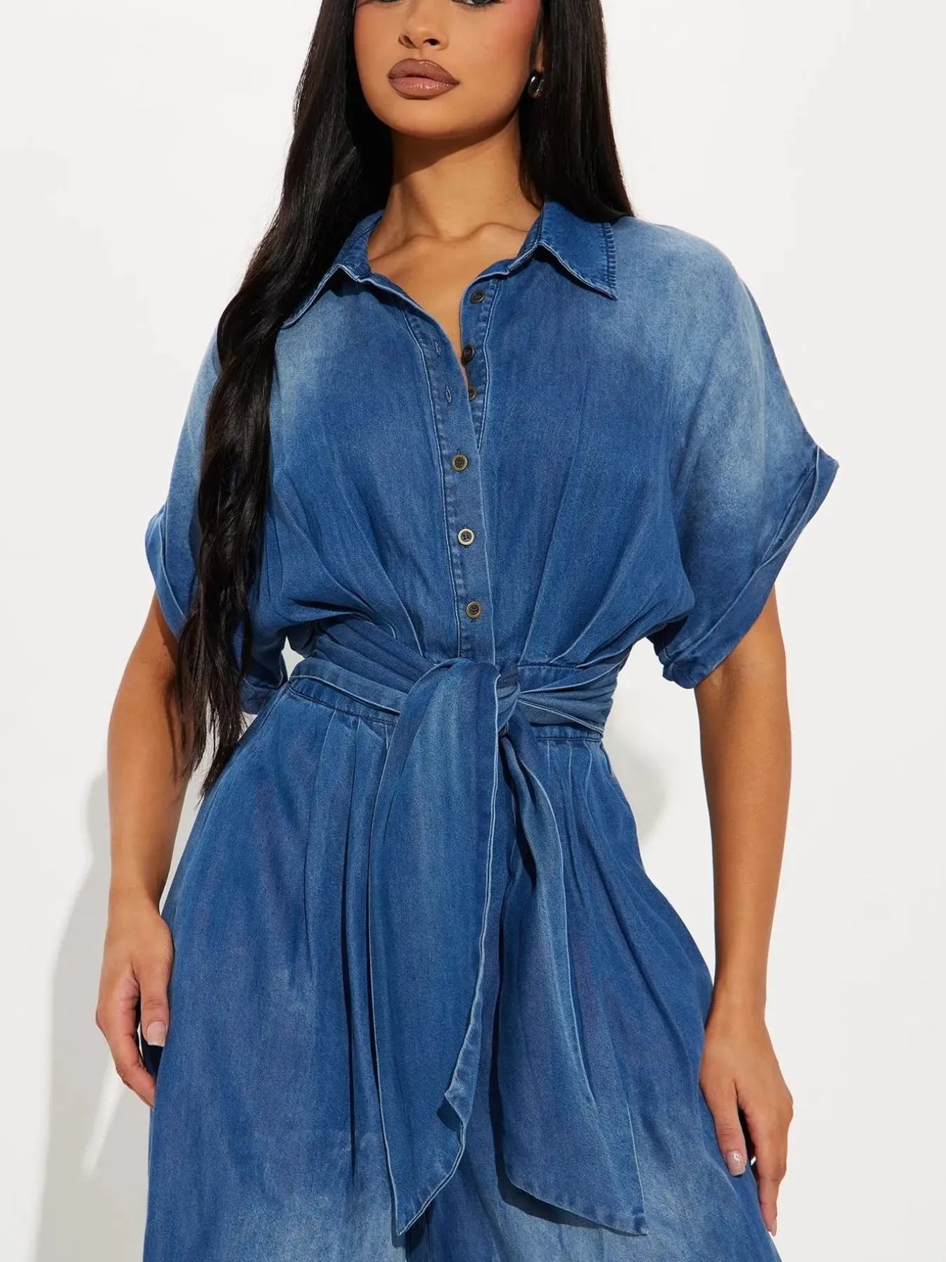 Button Front Wide Leg Denim Jumpsuit.