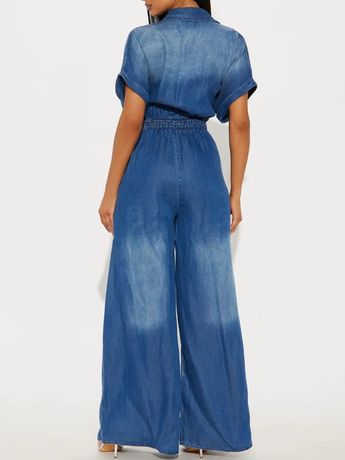 Button Front Wide Leg Denim Jumpsuit.