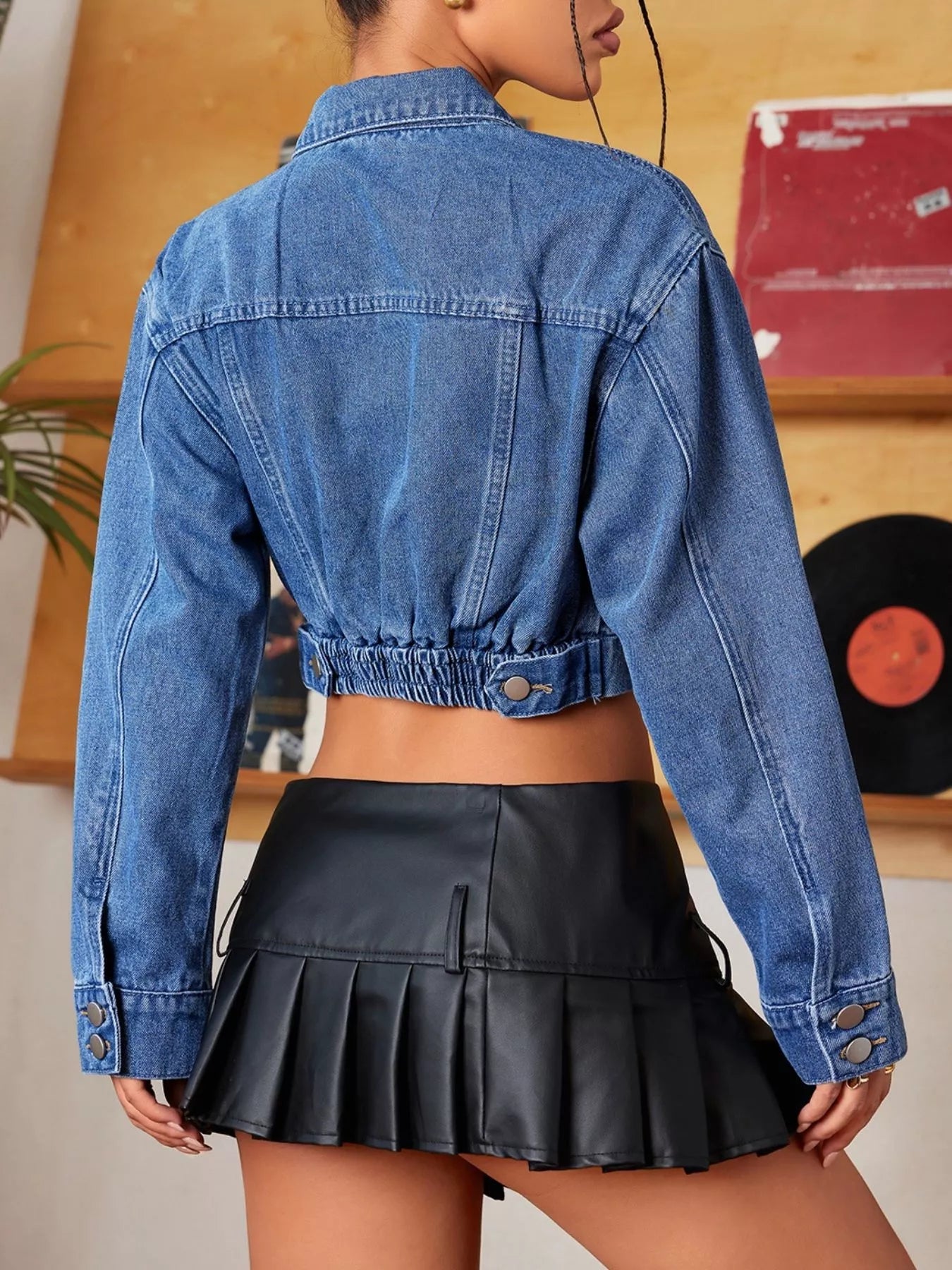 Button Up Cropped Casual Denim Jacket.