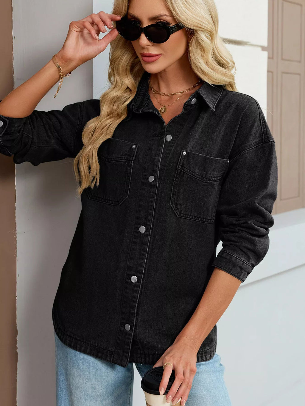 Button Up Dropped Shoulder Denim Jacket.