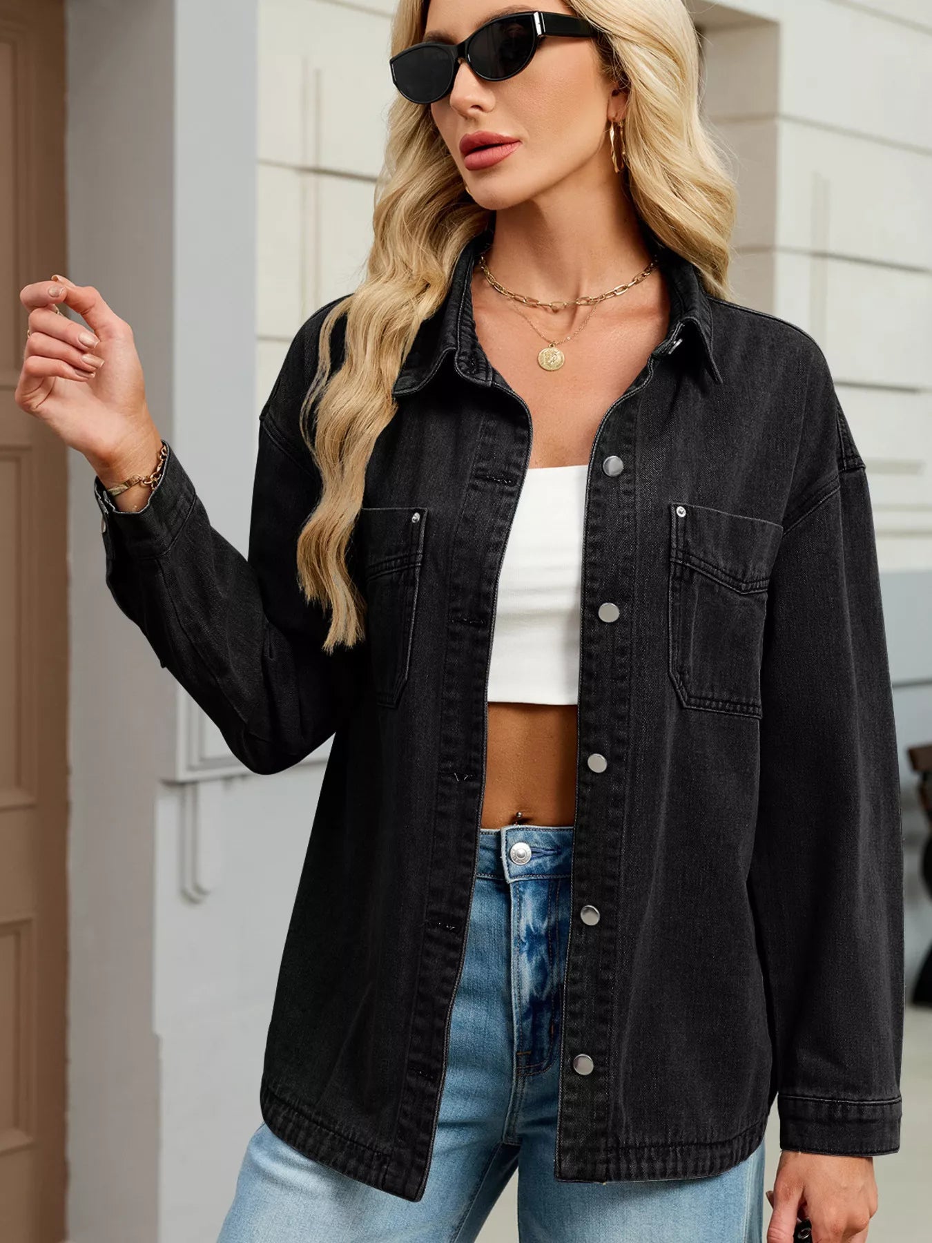 Button Up Dropped Shoulder Denim Jacket.
