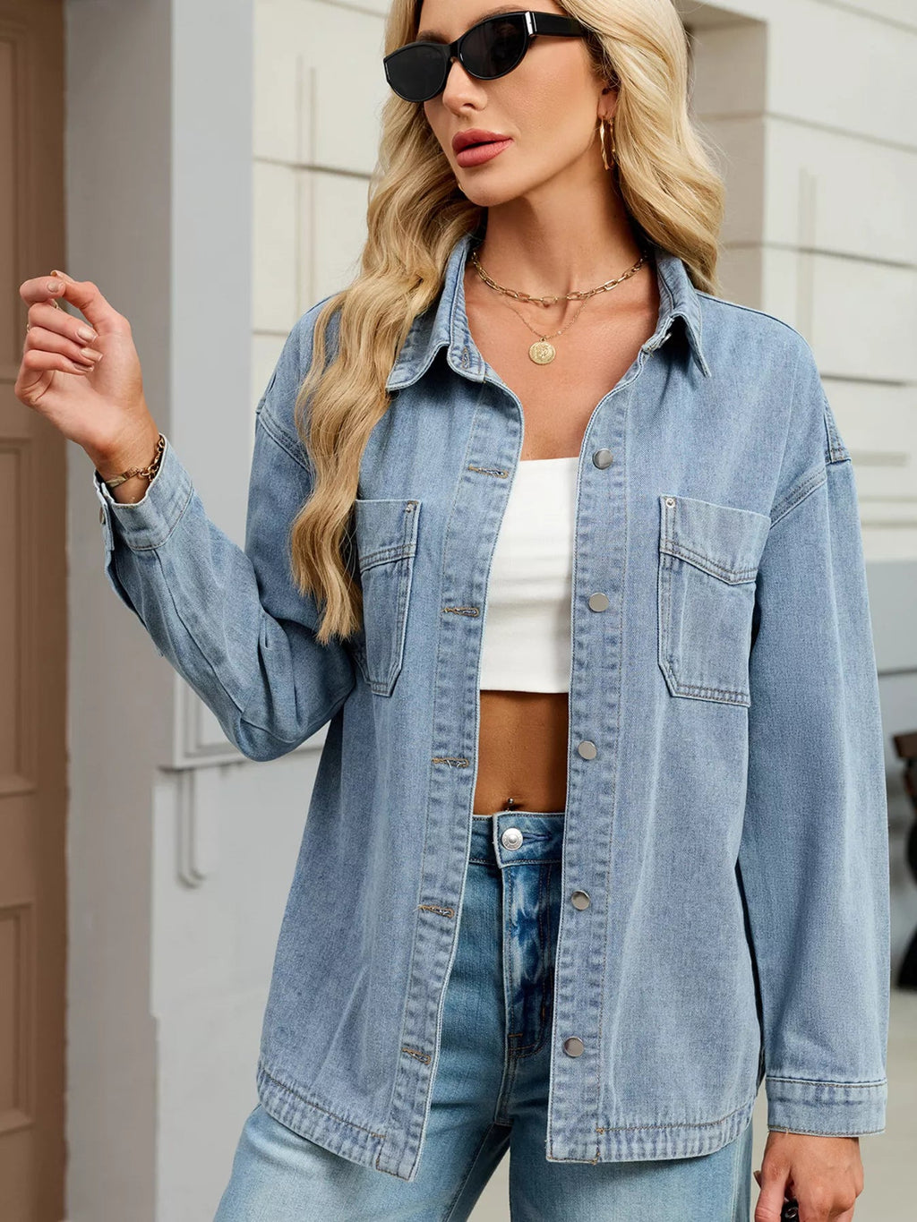 Button Up Dropped Shoulder Denim Jacket.