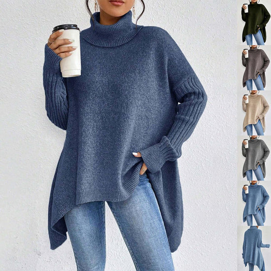 Irregular Turtleneck Sweater Winter Loose Long Sleeve Knitted Tops Leisure Warm Pullover Sweater Women&