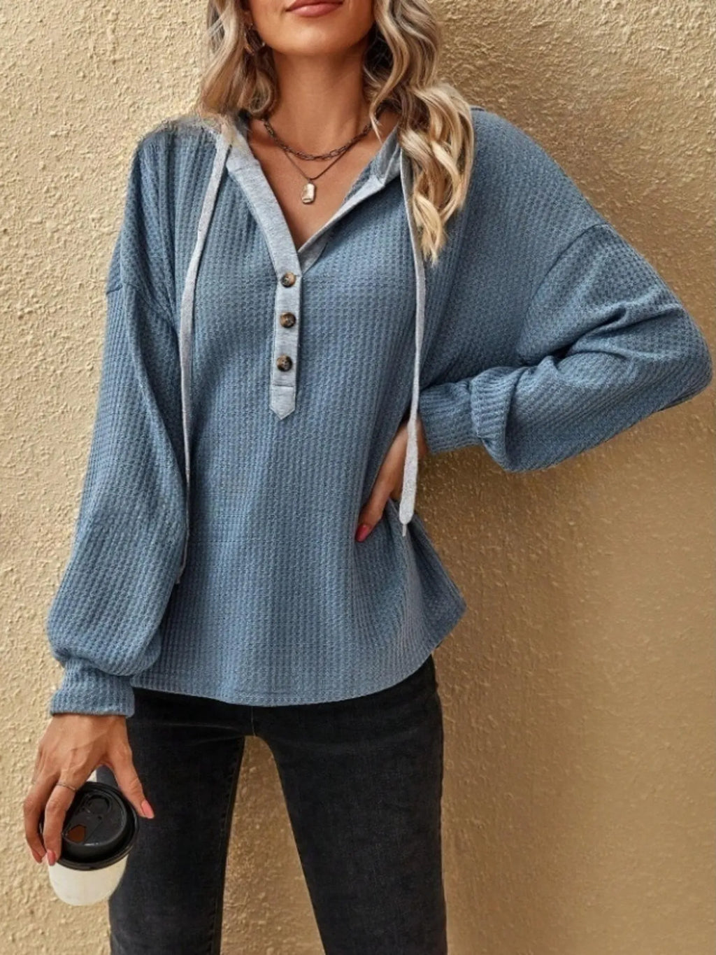 Drawstring Waffle Knit Hoodie.