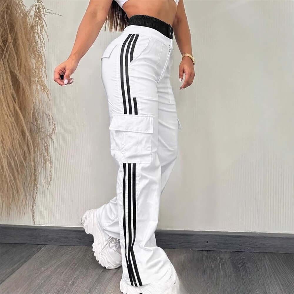 Partial Contrast Color Double Waist Leisure Sports Ribbon Wide-leg Overalls.