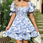 Women's Puff Sleeve Square Neck Smocked Dress Boho Floral Print Off Shoulder Ruffle Mini Short Dress