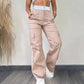 Partial Contrast Color Double Waist Leisure Sports Ribbon Wide-leg Overalls.