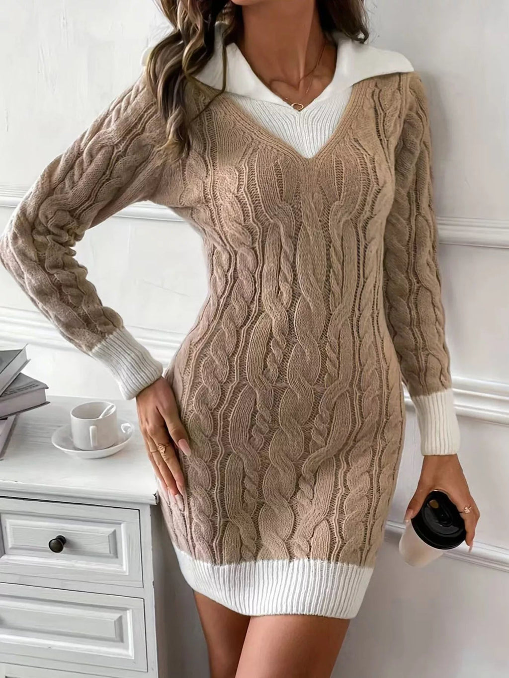 Cable Knit Contrast Trim Sweater Dress.