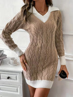 Cable Knit Contrast Trim Sweater Dress.