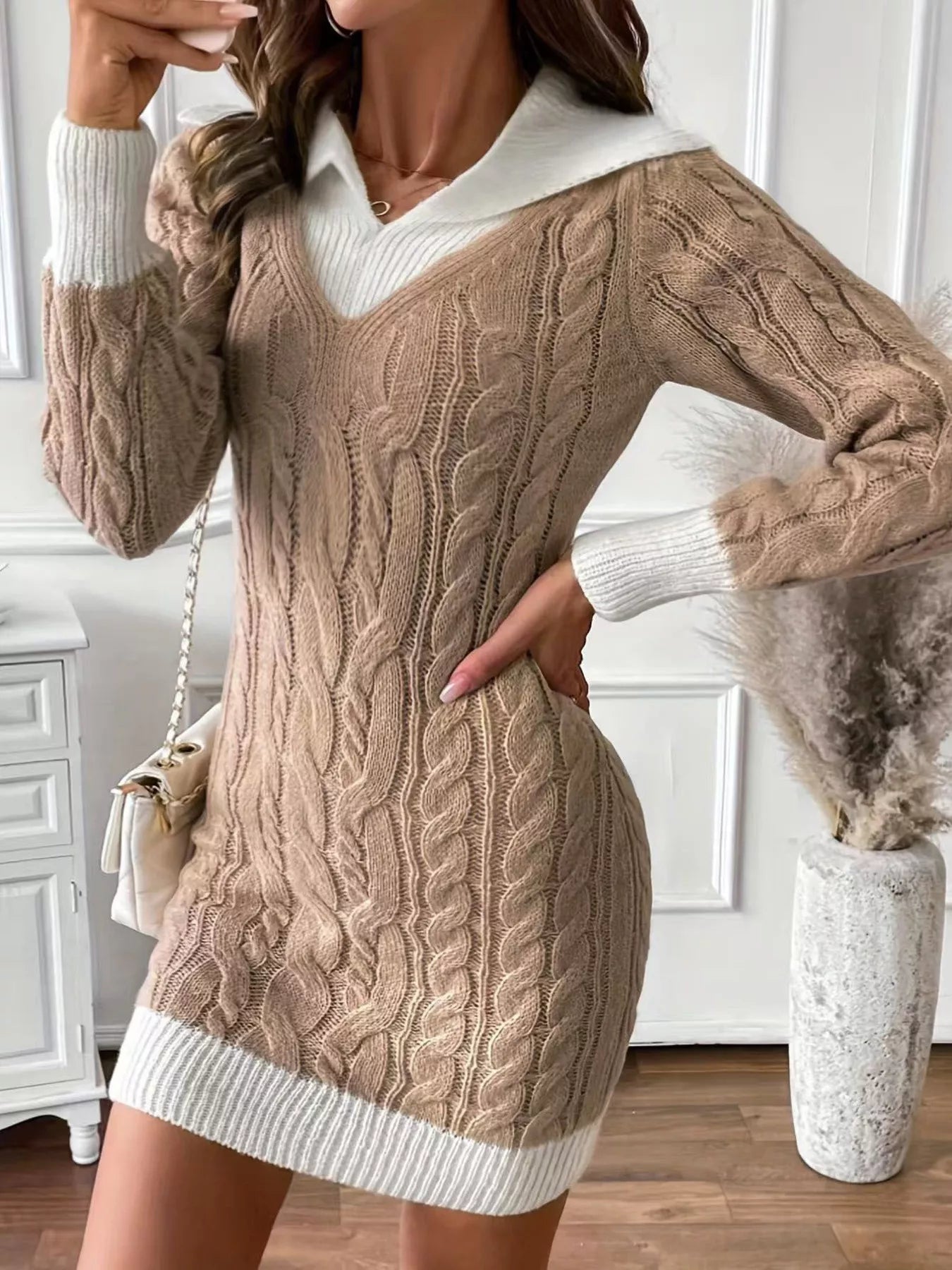 Cable Knit Contrast Trim Sweater Dress.